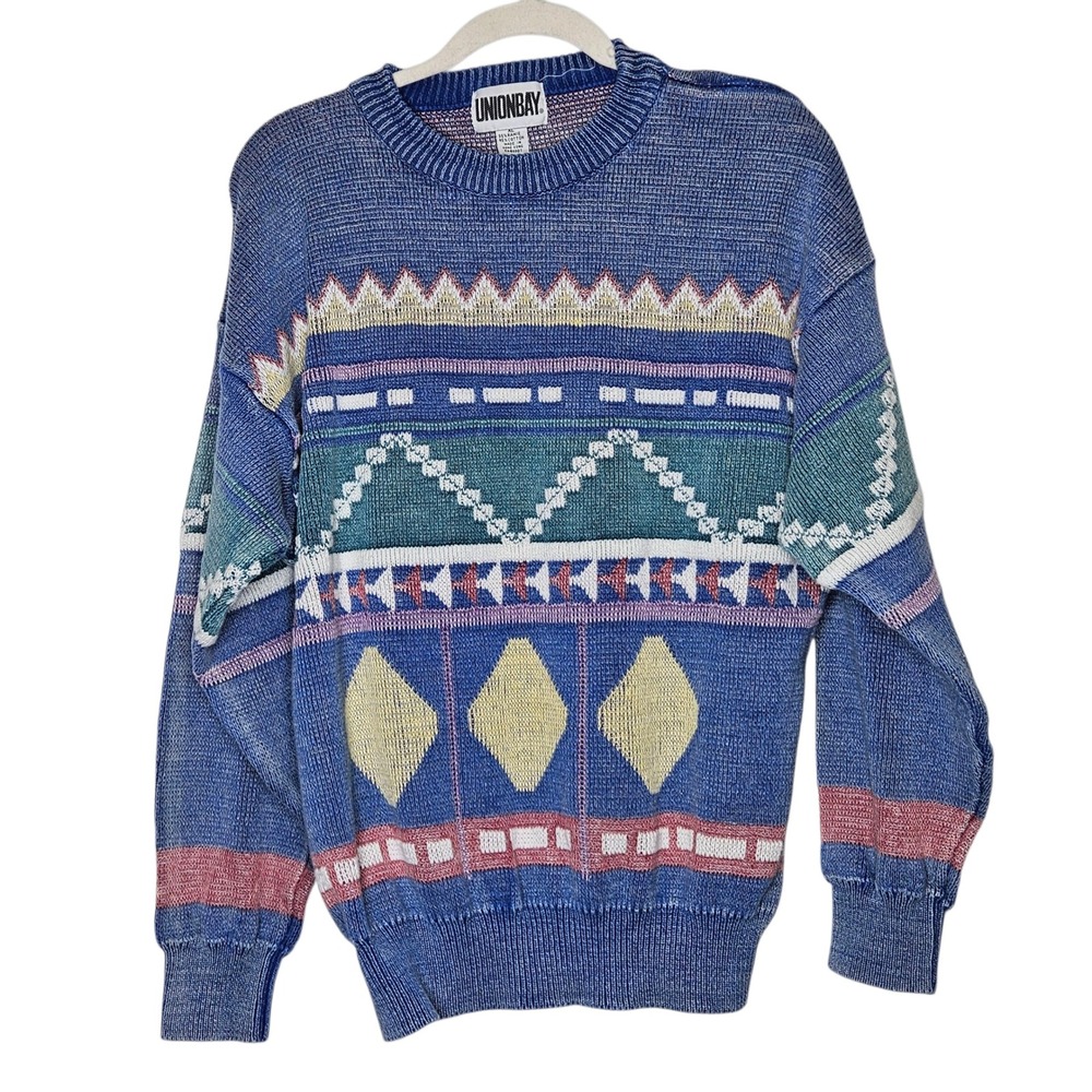 Unionbay Vintage 90s 80s Faded‎ Pattern Knit Sweater Crewneck Pullover Blue XL